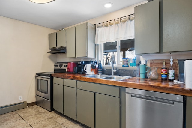 kitchen with sink, stainless steel appliances, wood counters, and a baseboard radiator