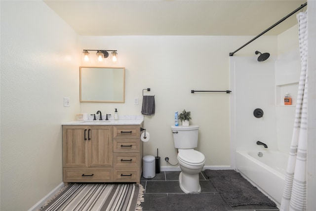 full bathroom with toilet, shower / bathtub combination with curtain, tile patterned floors, and vanity