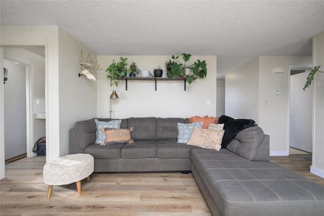 living room with a textured ceiling and light hardwood / wood-style floors