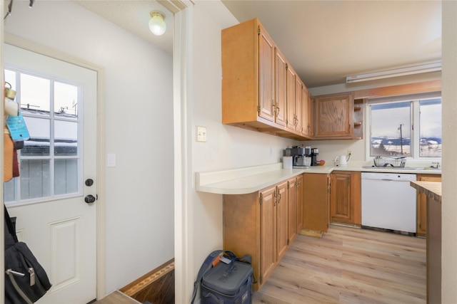 kitchen with dishwasher and light hardwood / wood-style floors