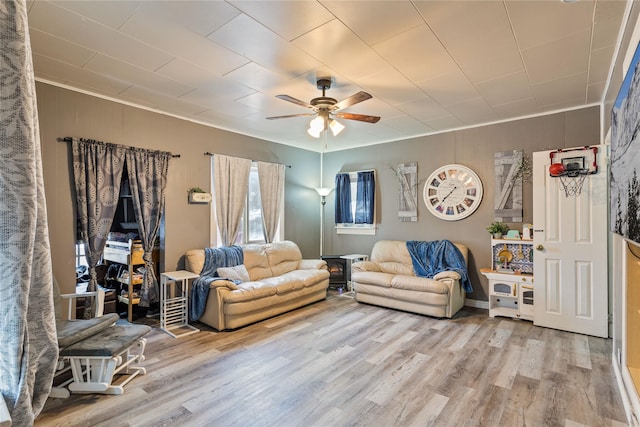 living room featuring ceiling fan, light hardwood / wood-style flooring, and ornamental molding