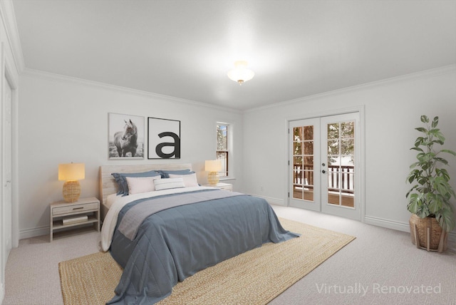 carpeted bedroom with ornamental molding, french doors, and access to outside