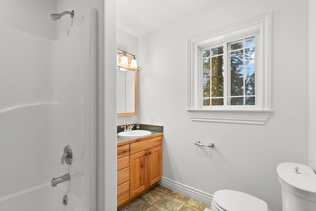 full bathroom with toilet, tile patterned flooring, bathtub / shower combination, and vanity