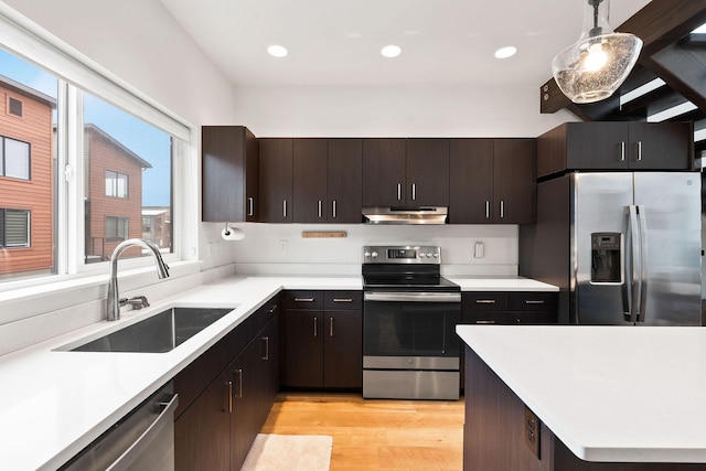 kitchen featuring appliances with stainless steel finishes, dark brown cabinetry, sink, light hardwood / wood-style flooring, and decorative light fixtures