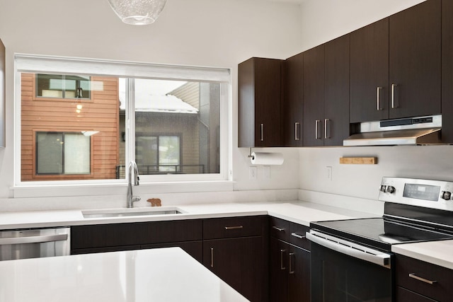 kitchen with stainless steel appliances, dark brown cabinets, and sink