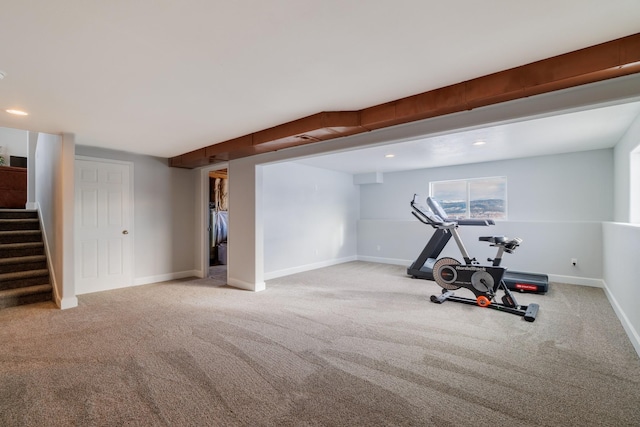 exercise room with carpet flooring, recessed lighting, and baseboards