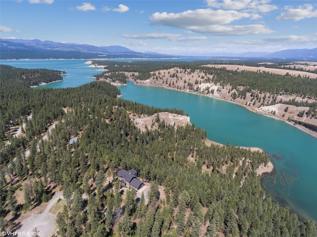 birds eye view of property with a water and mountain view