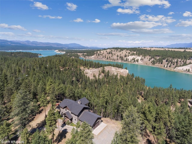 bird's eye view with a water and mountain view