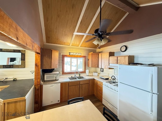 kitchen featuring sink, white appliances, wood walls, and wood ceiling