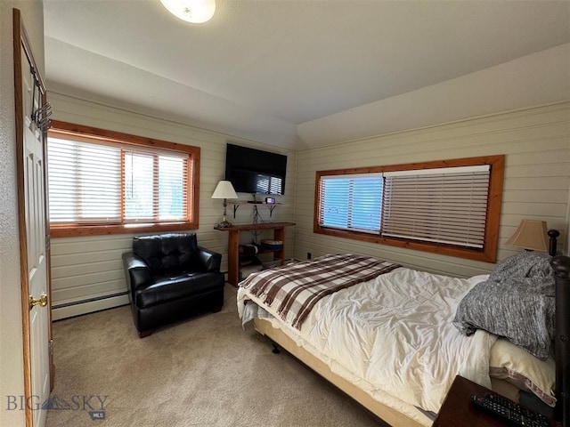 carpeted bedroom with baseboard heating