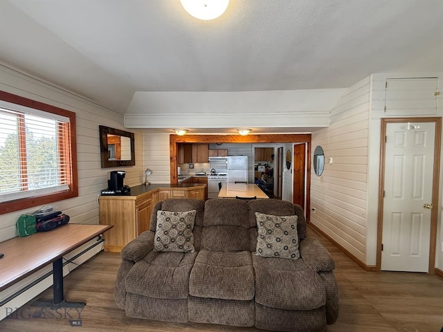 living room with lofted ceiling, a baseboard radiator, wooden walls, and dark hardwood / wood-style floors