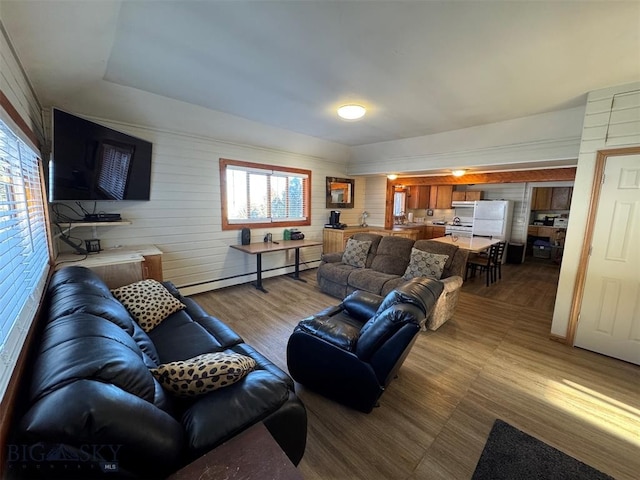 living room featuring wood-type flooring, wooden walls, a baseboard heating unit, and a wealth of natural light