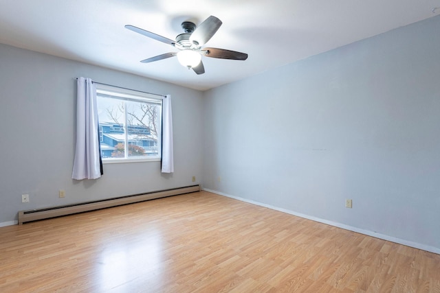 unfurnished room featuring ceiling fan, baseboard heating, and light hardwood / wood-style floors