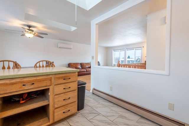 interior space featuring an AC wall unit, baseboard heating, a skylight, and ceiling fan