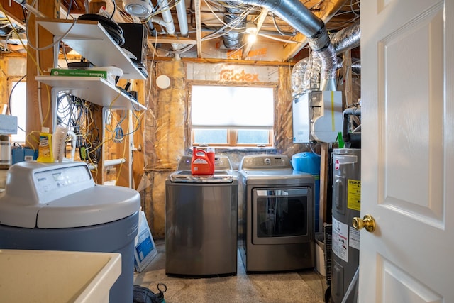 laundry area featuring electric water heater and washing machine and clothes dryer