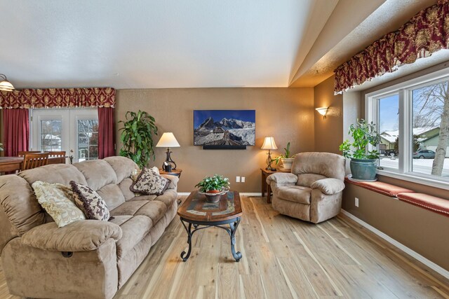 living room with french doors and hardwood / wood-style flooring