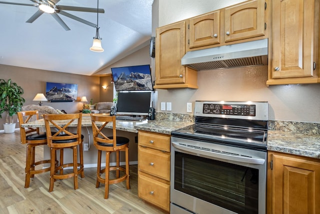 kitchen featuring light stone countertops, stainless steel electric range, lofted ceiling, and light hardwood / wood-style flooring