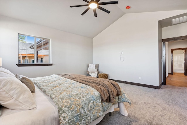 bedroom with visible vents, lofted ceiling, a ceiling fan, carpet floors, and baseboards