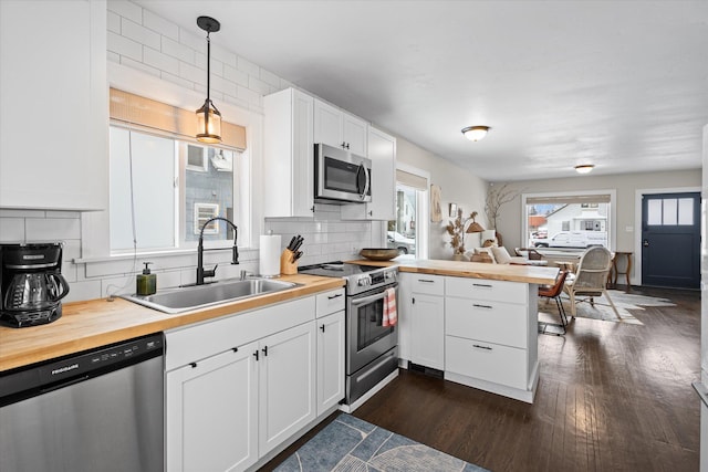 kitchen with a sink, butcher block counters, a peninsula, and stainless steel appliances