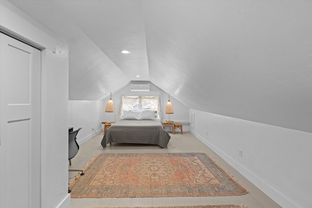 bedroom featuring recessed lighting, baseboards, and lofted ceiling