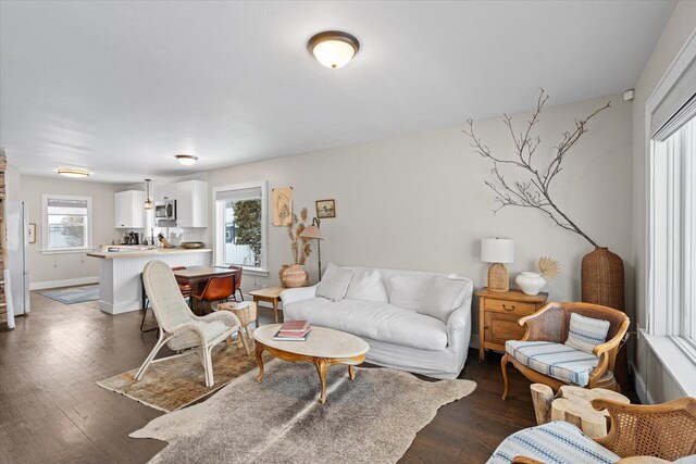 living room featuring baseboards and dark wood-style flooring