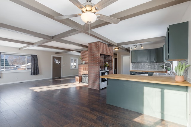 kitchen with sink, kitchen peninsula, decorative backsplash, wooden counters, and dark wood-type flooring