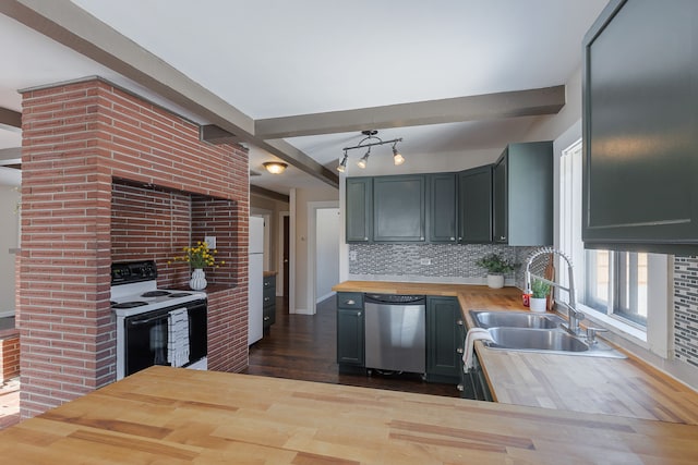 kitchen featuring dishwasher, beam ceiling, range with electric stovetop, sink, and butcher block counters