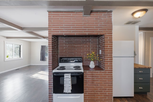 kitchen featuring white refrigerator, gray cabinets, range with electric stovetop, and beam ceiling