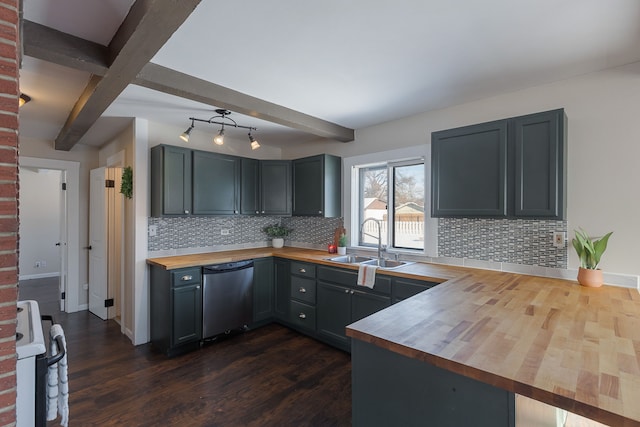 kitchen with wooden counters, stainless steel dishwasher, white electric range, and sink