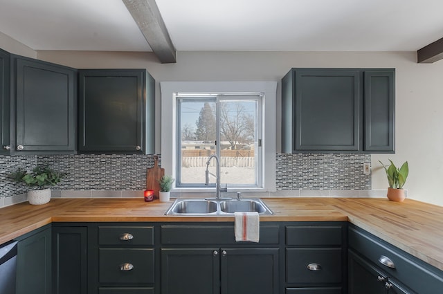 kitchen featuring wood counters, beamed ceiling, decorative backsplash, sink, and stainless steel dishwasher