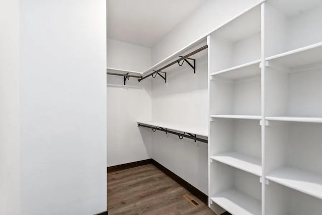 spacious closet featuring dark hardwood / wood-style flooring