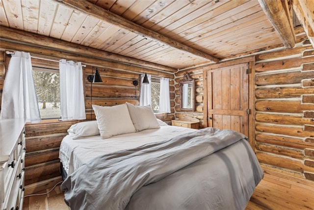 bedroom with beam ceiling, wooden ceiling, rustic walls, and hardwood / wood-style floors