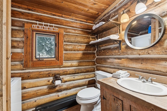 bathroom featuring a baseboard radiator, vanity, toilet, rustic walls, and wooden ceiling