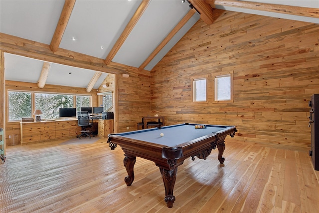 playroom featuring billiards, light hardwood / wood-style floors, beamed ceiling, wooden walls, and high vaulted ceiling