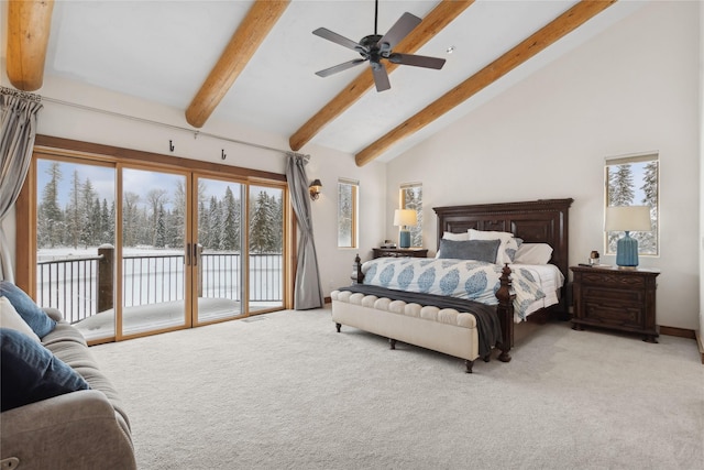 carpeted bedroom featuring high vaulted ceiling, access to exterior, beam ceiling, and ceiling fan