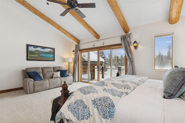 carpeted bedroom featuring ceiling fan, access to exterior, and high vaulted ceiling