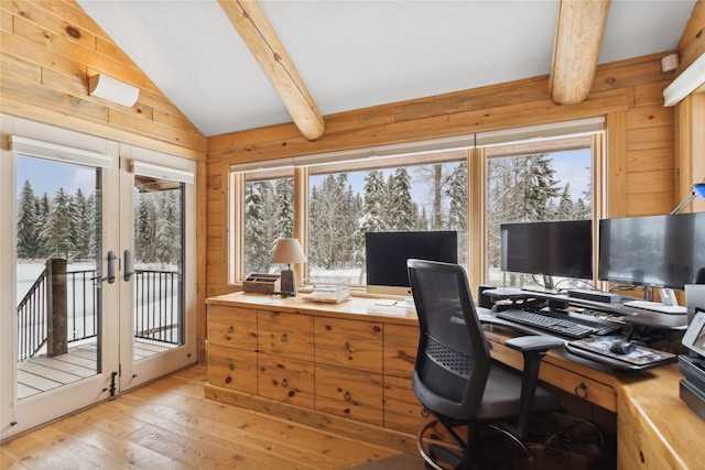 190 Black Bear Ln, Bigfork, MT 59911 - office space featuring light wood-style floors, french doors, and wooden walls
