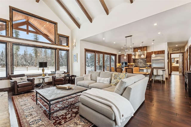 living room featuring high vaulted ceiling, dark wood-type flooring, and beamed ceiling