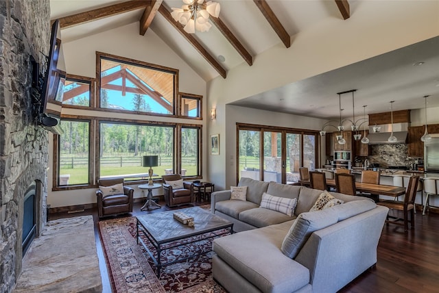 190 Black Bear Ln, Bigfork, MT 59911 - living room featuring a fireplace, dark wood-style floors, high vaulted ceiling, healthy amount of natural light, and beam ceiling