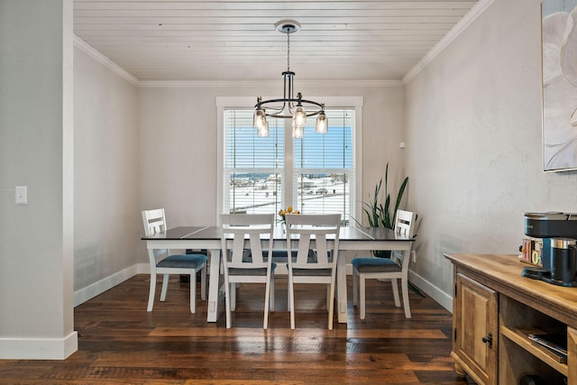 dining space with crown molding, dark wood-type flooring, wooden ceiling, and a notable chandelier