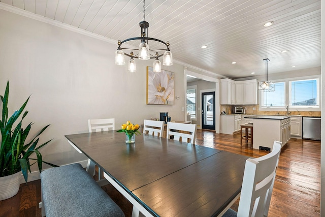 dining area featuring dark hardwood / wood-style flooring, ornamental molding, a chandelier, and wood ceiling