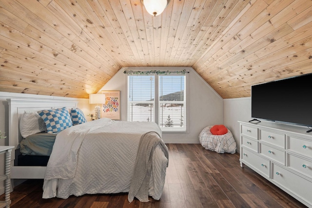 bedroom with lofted ceiling, dark hardwood / wood-style floors, and wood ceiling