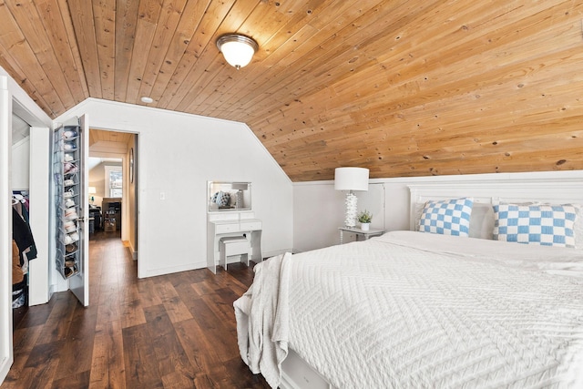 bedroom with lofted ceiling, dark hardwood / wood-style flooring, and wood ceiling