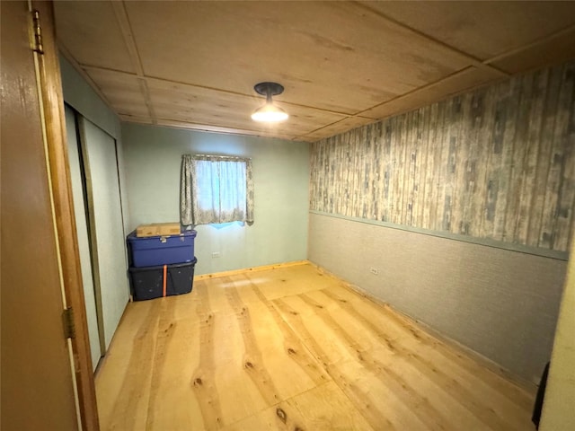 basement with wood walls and wood-type flooring