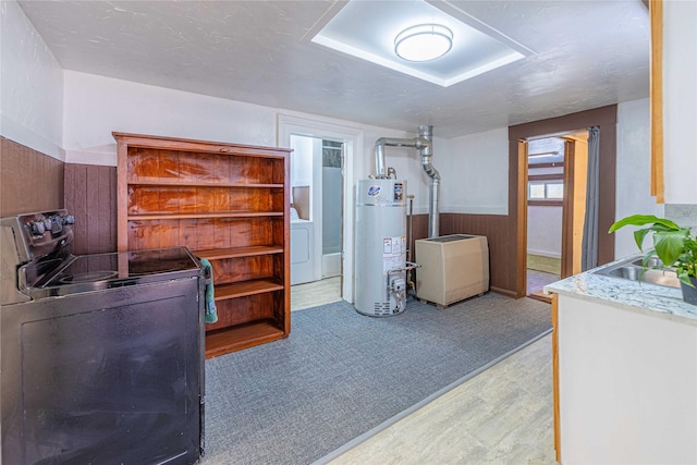 office area with washer / dryer, water heater, wooden walls, sink, and light colored carpet