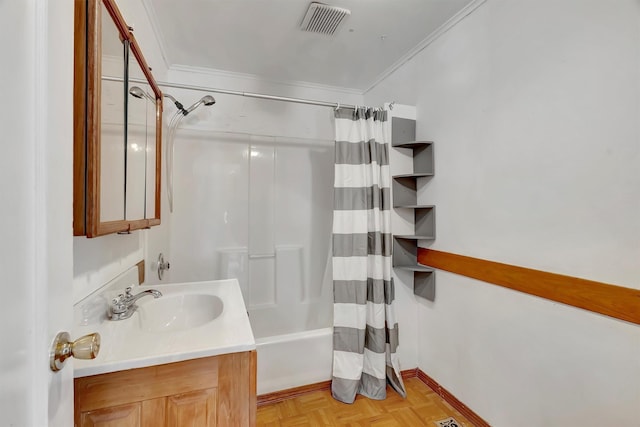 bathroom featuring parquet floors, sink, crown molding, and shower / bath combination with curtain