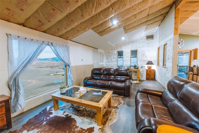 living area with lofted ceiling, visible vents, and wood finished floors