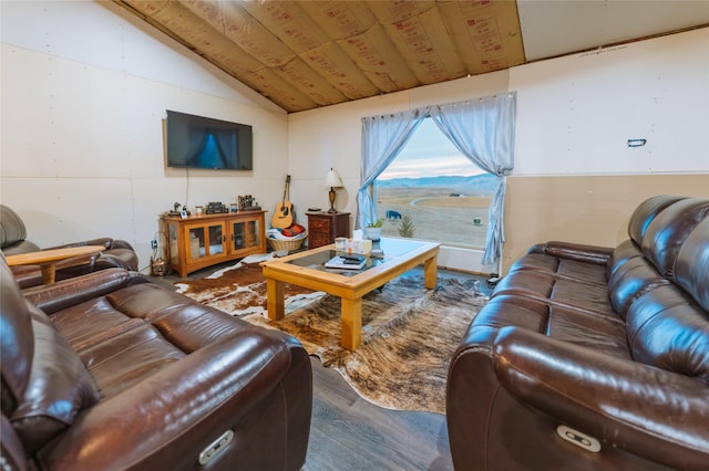 living area featuring lofted ceiling and wood finished floors