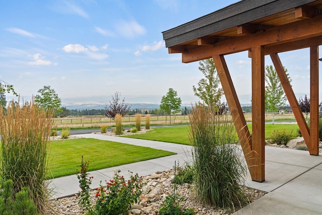 view of yard with a rural view and a mountain view