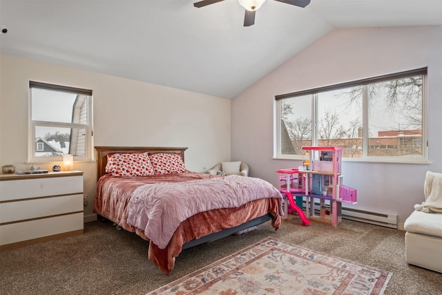 bedroom with ceiling fan, a baseboard heating unit, carpet flooring, and vaulted ceiling